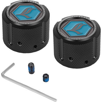 FIGURATI DESIGNS Axle Nut Cover - Front - Stainless Steel - Legends Suspension Logo - Black