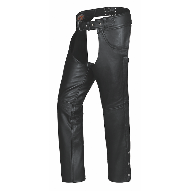 Unik Premium leather chaps designed for durability and style. With reinforced stitching, silver hardware, and an adjustable fit, these chaps are ideal for bikers