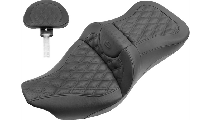 SADDLEMEN Roadsofa Seat - Full Lattice Stitch - with Backrest - Black - '09-'25 TRI GLIDE, ULTRA CLASSIC, LIMITED