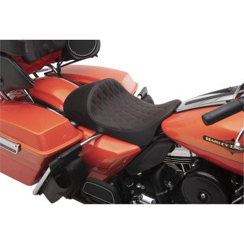 DRAG SPECIALTIES EZ-ON Mount Forward Low Solo Double Diamond Red Stitch Seat - Black - Touring '08-'23