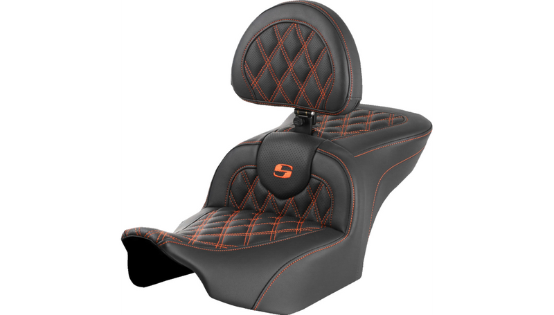 SADDLEMEN RoadSofa™ Seat - with Backrest - Lattice Stitch - Orange Stitch - Touring '23.5-'25