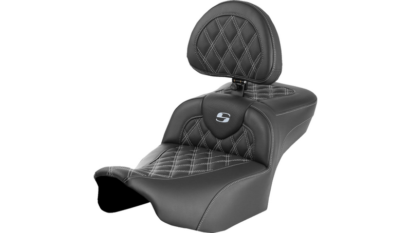 SADDLEMEN Roadsofa™ Extended Reach Seat - with Backrest - Lattice Stitch - Silver Stitch - Touring '23.5-'25