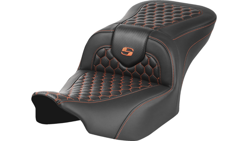 SADDLEMEN Roadsofa™ Seat - without Backrest - Honeycomb - Orange Stitch - Touring '23.5-'25