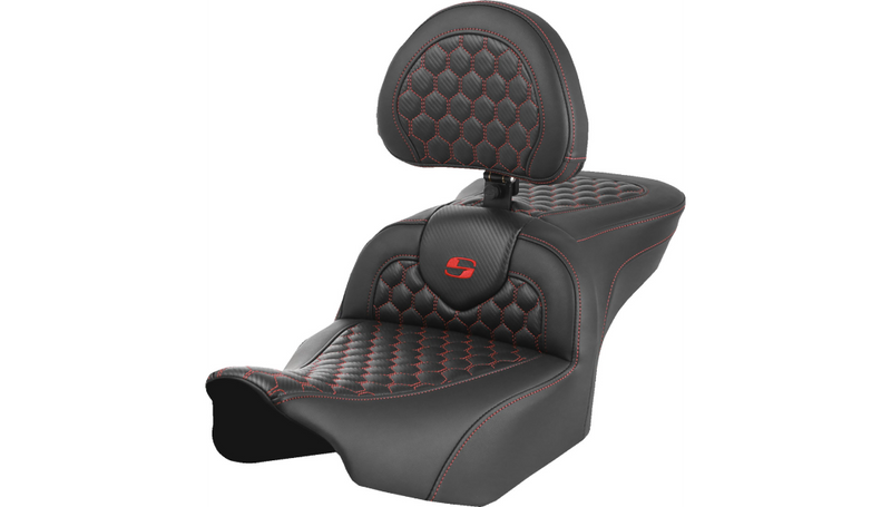 SADDLEMEN Roadsofa™ Seat - with Backrest - Honeycomb - Red Stitch - Touring '23.5-'25