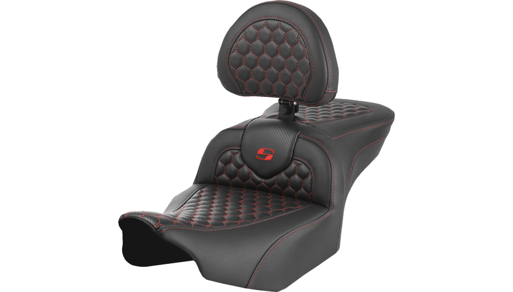 SADDLEMEN Roadsofa* Seat - with Backrest - Honeycomb - Red Stitch - '23.5-25 STREET GLIDE AND ROAD GLIDE