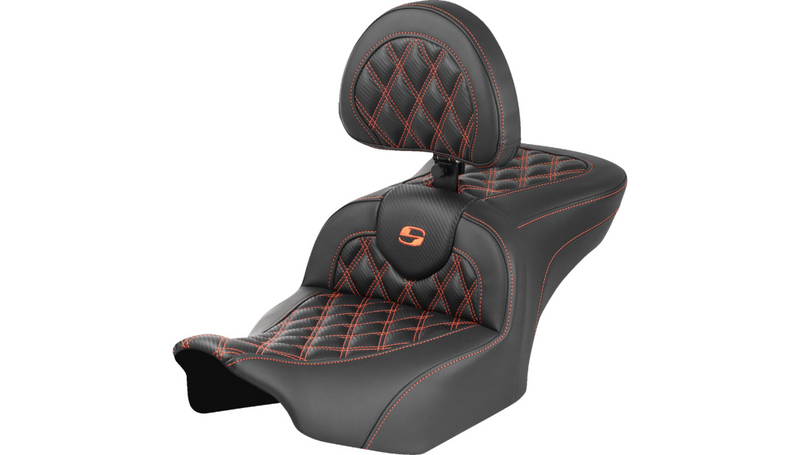 SADDLEMEN RoadSofa™ Seat - with Backrest - Carbon Fiber - Lattice Stitch - Orange Stitch - Touring '23.5-'25