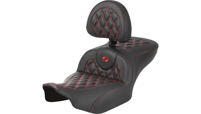 SADDLEMEN RoadSofa™ Seat - with Backrest - Carbon Fiber - Lattice Stitch - Red Stitch - Touring '23.5-'25