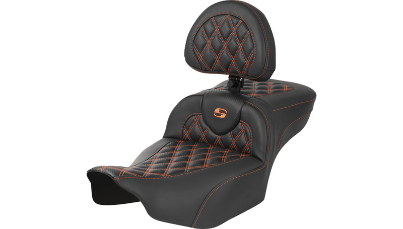 SADDLEMEN Roadsofa™ Extended Reach Seat - with Backrest - Lattice Stitch - Orange Stitch - Touring '23.5-'25