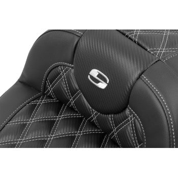 SADDLEMEN Roadsofa* Extended Reach Seat - with Backrest - Lattice Stitch - Silver Stitch - Touring '23.5-'25