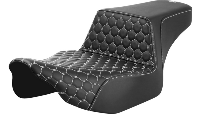 SADDLEMEN Step-Up Seat - Extended Reach - Front Honeycomb - White Stitch - Touring '23.5-'25