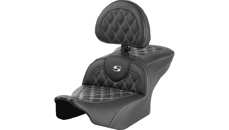 SADDLEMEN RoadSofa™ Seat - with Backrest - Lattice Stitch - White Stitch - Touring '23.5-'25