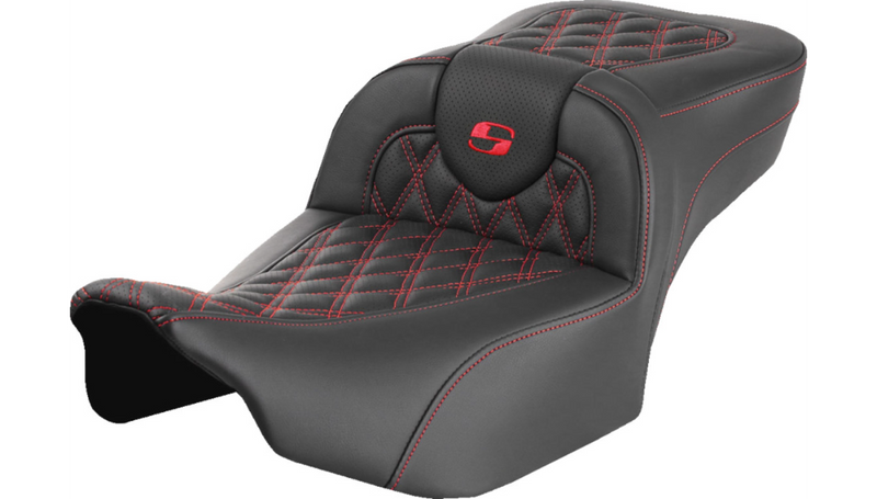 SADDLEMEN Roadsofa™ Extended Reach Seat - without Backrest - Lattice Stitch - Red Stitch - Touring '23.5-'25