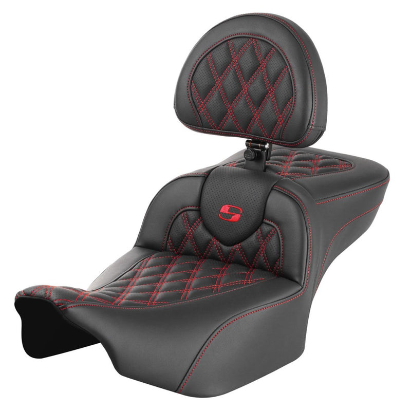 SADDLEMEN Roadsofa™ Extended Reach Seat - with Backrest - Lattice Stitch - Red Stitch - Touring '23.5-'25