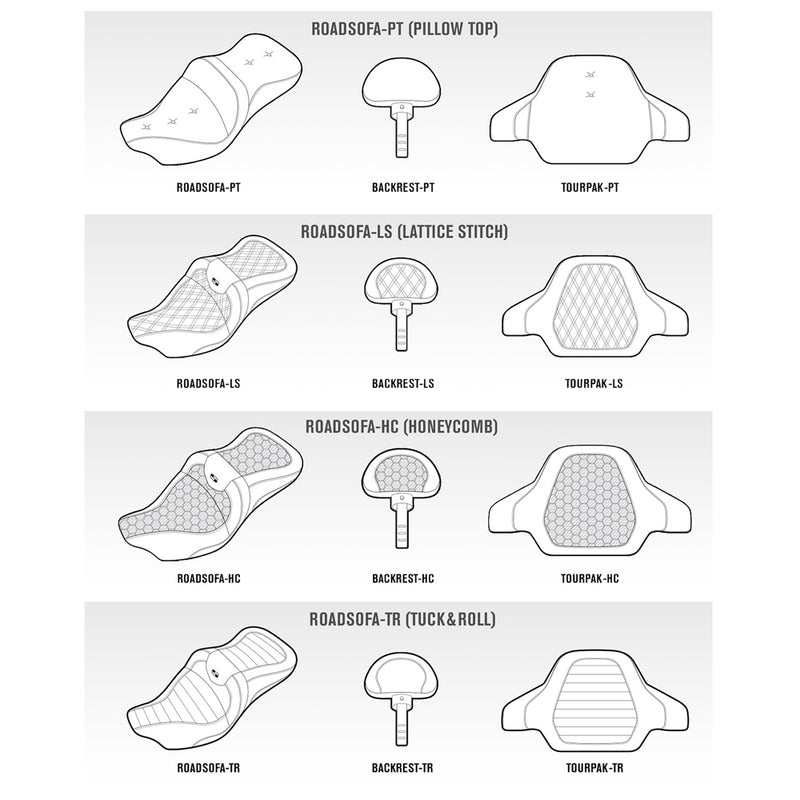 SADDLEMEN Roadsofa™ Extended Reach Seat - with Backrest - Lattice Stitch - Red Stitch - Touring '23.5-'25