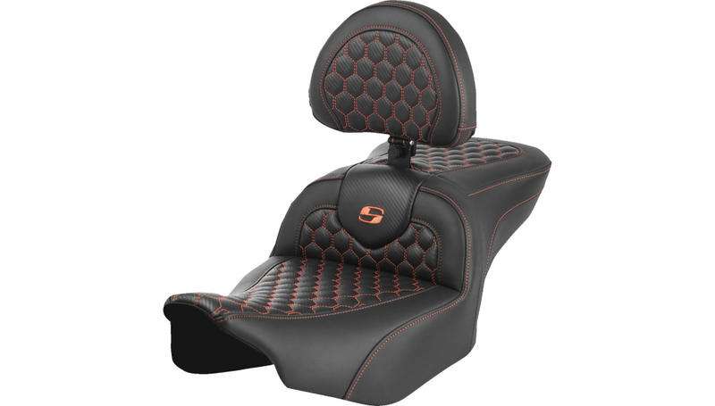 SADDLEMEN Roadsofa™ Seat - with Backrest - Honeycomb - Orange Stitch - Touring '23.5-'25