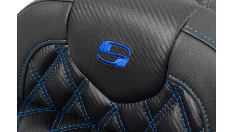 SADDLEMEN RoadSofa™ Seat - without Backrest - Carbon Fiber - Lattice Stitch - Blue Stitch - Touring '23.5-'25