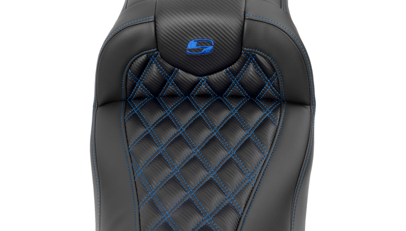 SADDLEMEN RoadSofa™ Seat - without Backrest - Carbon Fiber - Lattice Stitch - Blue Stitch - Touring '23.5-'25