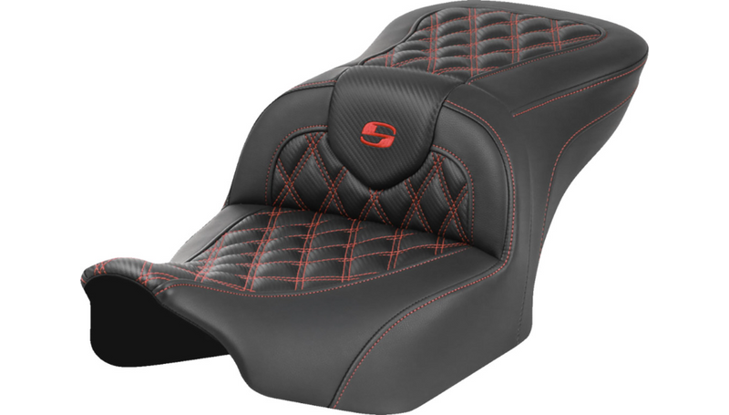 SADDLEMEN RoadSofa™ Seat - without Backrest - Carbon Fiber - Lattice Stitch - Red Stitch - Touring '23.5-'25