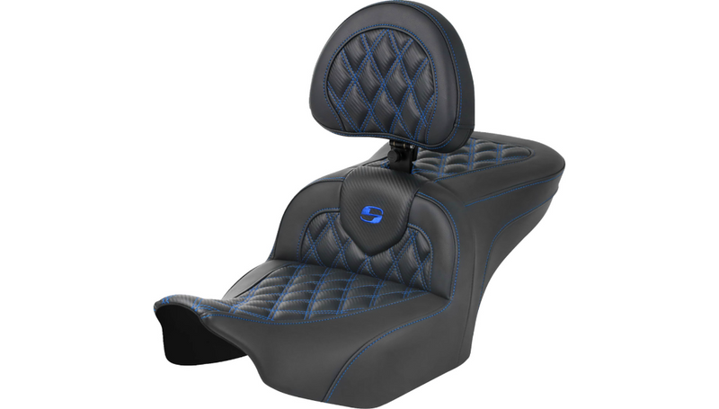 SADDLEMEN RoadSofa™ Seat - with Backrest - Carbon Fiber - Lattice Stitch - Blue Stitch - Touring '23.5-'25