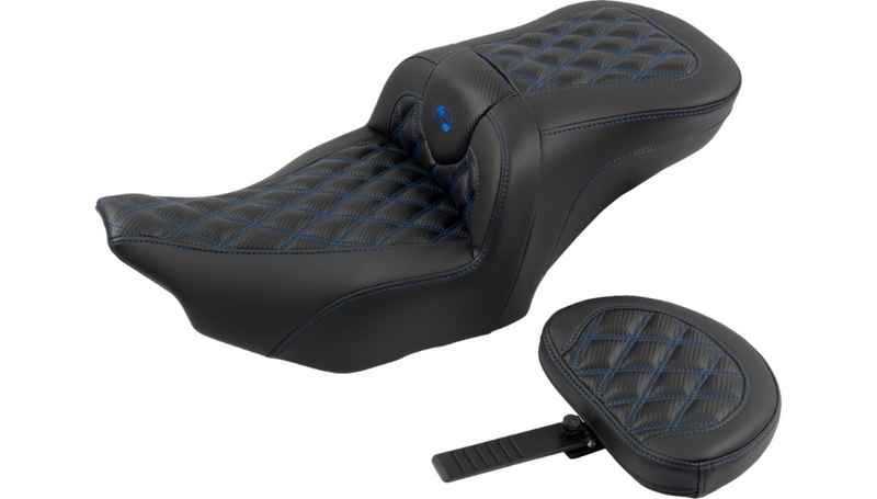 SADDLEMEN RoadSofa™ Seat - with Backrest - Carbon Fiber - Lattice Stitch - Blue Stitch - Touring '23.5-'25