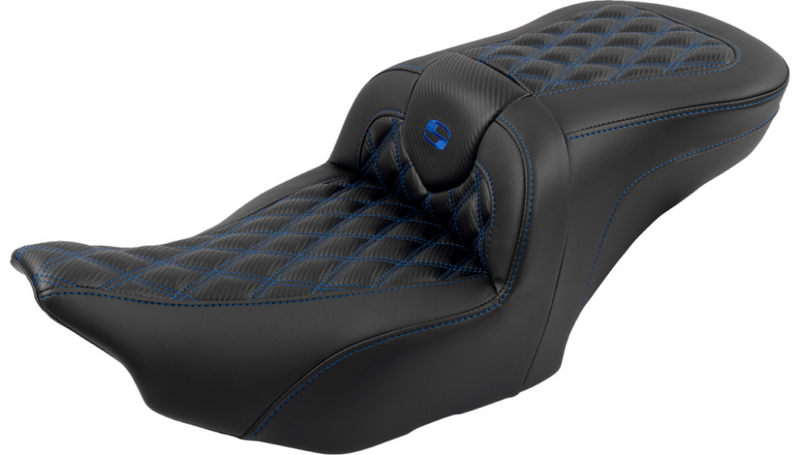 SADDLEMEN RoadSofa™ Seat - with Backrest - Carbon Fiber - Lattice Stitch - Blue Stitch - Touring '23.5-'25