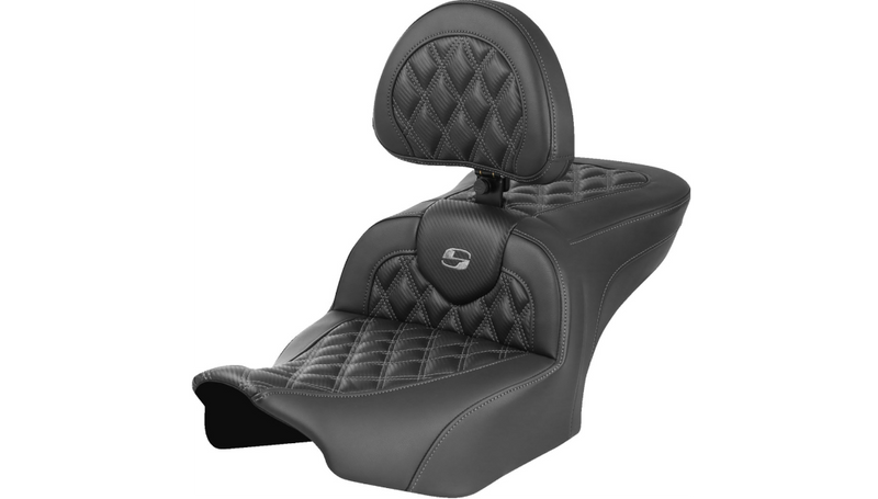 SADDLEMEN RoadSofa™ Seat - with Backrest - Carbon Fiber - Lattice Stitch - Gray Stitch - Touring '23.5-'25