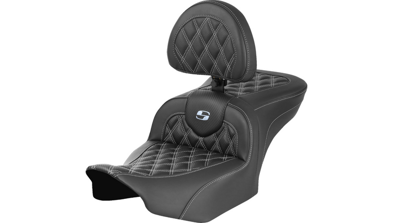 SADDLEMEN RoadSofa™ Seat - with Backrest - Carbon Fiber - Lattice Stitch - Silver Stitch - Touring '23.5-'25