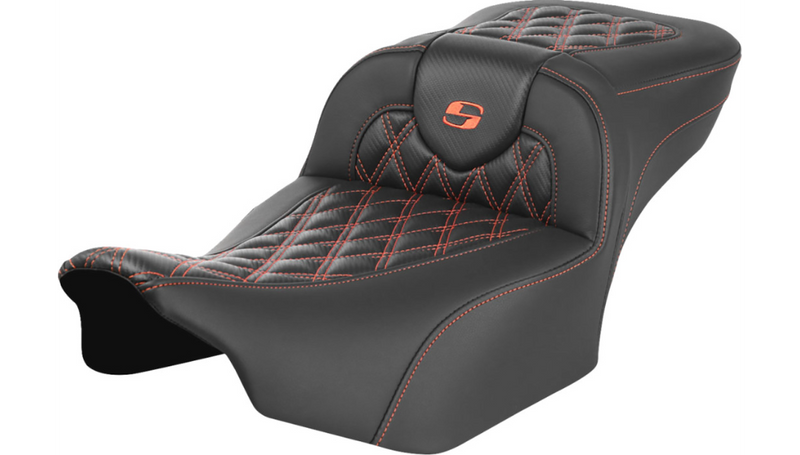 SADDLEMEN Roadsofa™ Extended Reach Seat - without Backrest - Lattice Stitch - Orange Stitch - Touring '23.5-'25