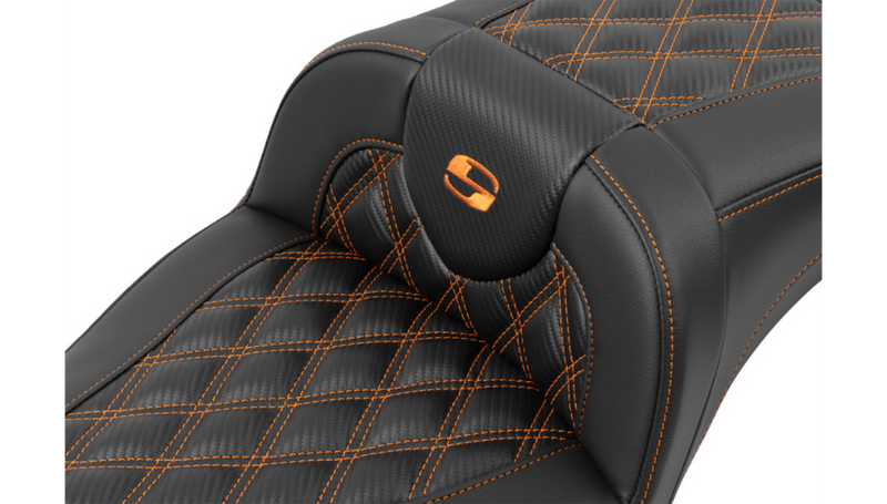 SADDLEMEN Roadsofa™ Extended Reach Seat - without Backrest - Lattice Stitch - Orange Stitch - Touring '23.5-'25