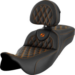 SADDLEMEN Roadsofa™ Extended Reach Seat - with Backrest - Lattice Stitch - Orange Stitch - Touring '23.5-'25