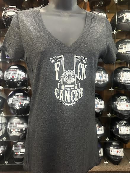 LIFESTYLE CYCLES F*ck Cancer Ladies V-Neck Grey w/Cream Logo Shirt