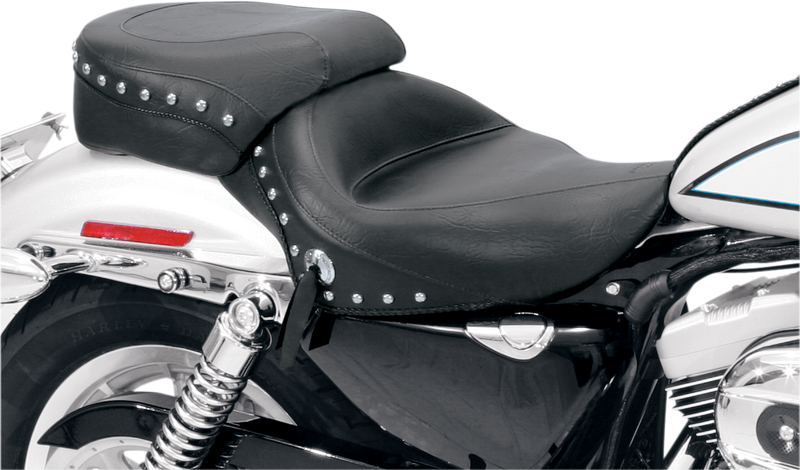 MUSTANG Wide Vintage Solo Seat - Chrome Studs and Concho - Sportster '04-'21  with 4.5 Gallon Tank