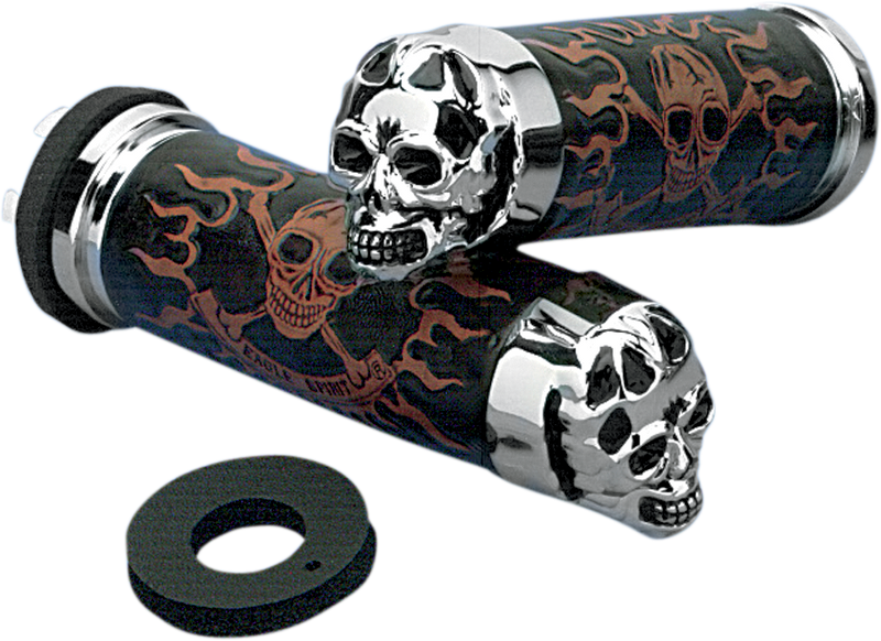 DRAG SPECIALTIES Replacement Black / Brown Leather Grips - Chrome - Skull with Plain Eyes