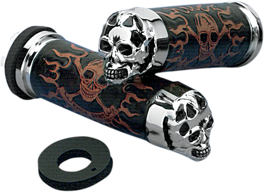 DRAG SPECIALTIES Replacement Black / Brown Leather Grips - Chrome - Skull with Plain Eyes