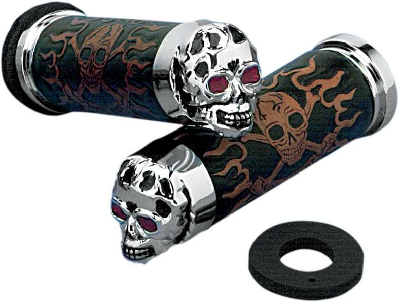 DRAG SPECIALTIES Replacement Black / Brown Leather Grips - Chrome - Skull with Red Eyes