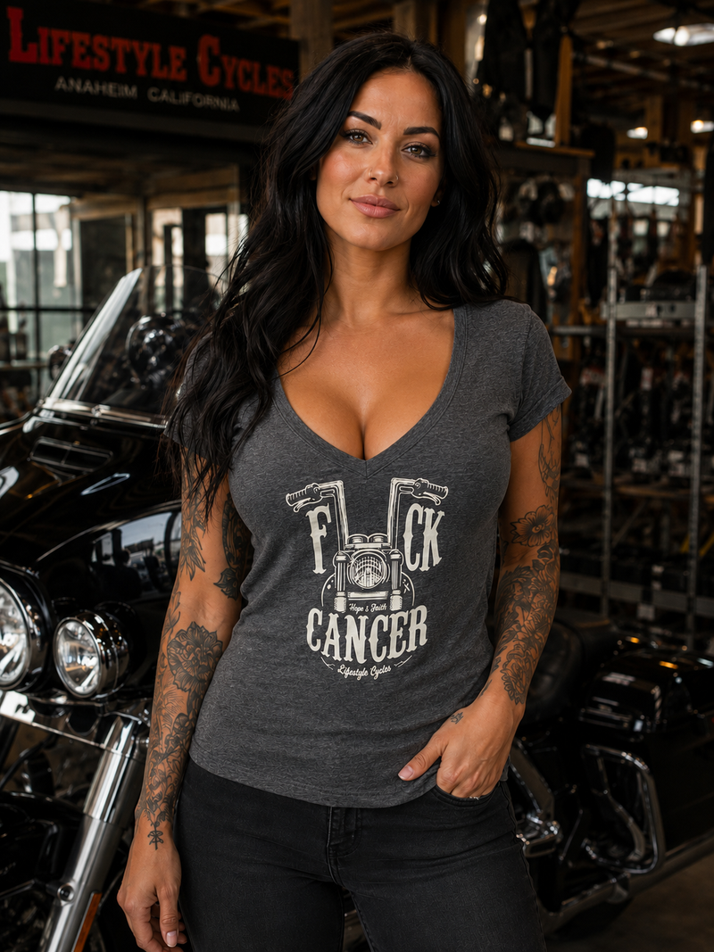 LIFESTYLE CYCLES F*ck Cancer Ladies V-Neck Grey w/Cream Logo Shirt