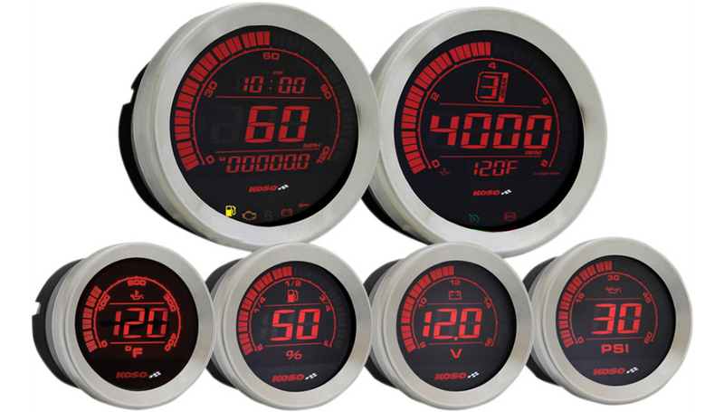 KOSO NORTH AMERICA HD-02 6-Piece Gauge Kit - Silver Trim (DUAL COLOR RED/BLUE) 2004-2013 Harley Touring
