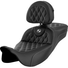 SADDLEMEN Roadsofa™ Extended Reach Seat - with Backrest - Lattice Stitch - White Stitch - Touring '23.5-'25