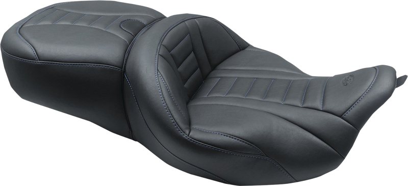 MUSTANG One-Piece Deluxe Touring Seat with Removable Backrest Option - Black with Sky Blue Stitching - Touring '08-'21