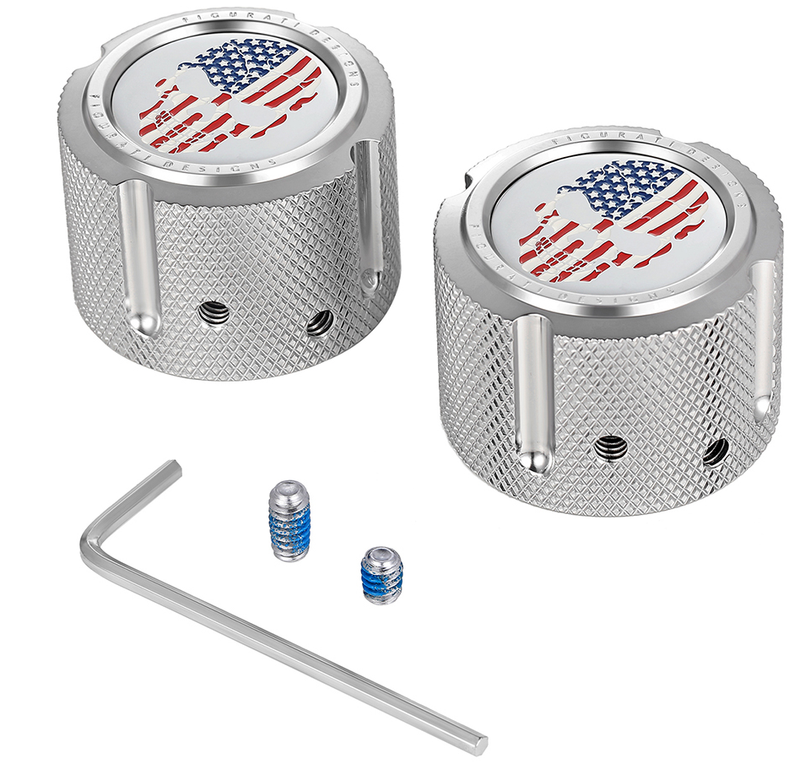 FIGURATI DESIGNS Axle Nut Cover - Front - Stainless Steel - Red/White/Blue Flag Skull - Silver FD24-FAC-SS