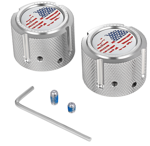 FIGURATI DESIGNS Axle Nut Cover - Front - Stainless Steel - Red/White/Blue Flag Skull - Silver FD24-FAC-SS