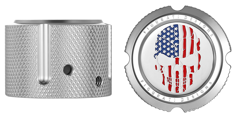 FIGURATI DESIGNS Axle Nut Cover - Front - Stainless Steel - Red/White/Blue Flag Skull - Silver FD24-FAC-SS