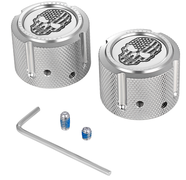 FIGURATI DESIGNS Axle Nut Cover - Front - Stainless Steel - American Flag Skull - Contrast Cut - Silver FD27-FAC-SS