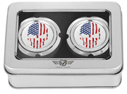 FIGURATI DESIGNS Axle Nut Cover - Front - Stainless Steel - Red/White/Blue Flag Skull - Silver FD24-FAC-SS