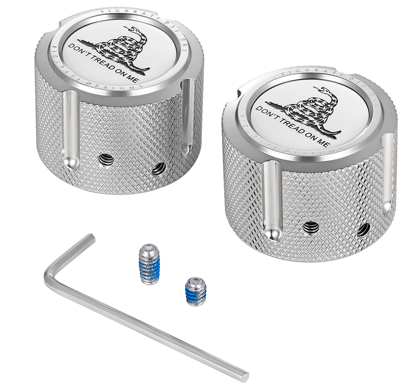 FIGURATI DESIGNS Axle Nut Cover - Front - Stainless Steel - Don't Tread On Me - Silver FD40-FAC-SS
