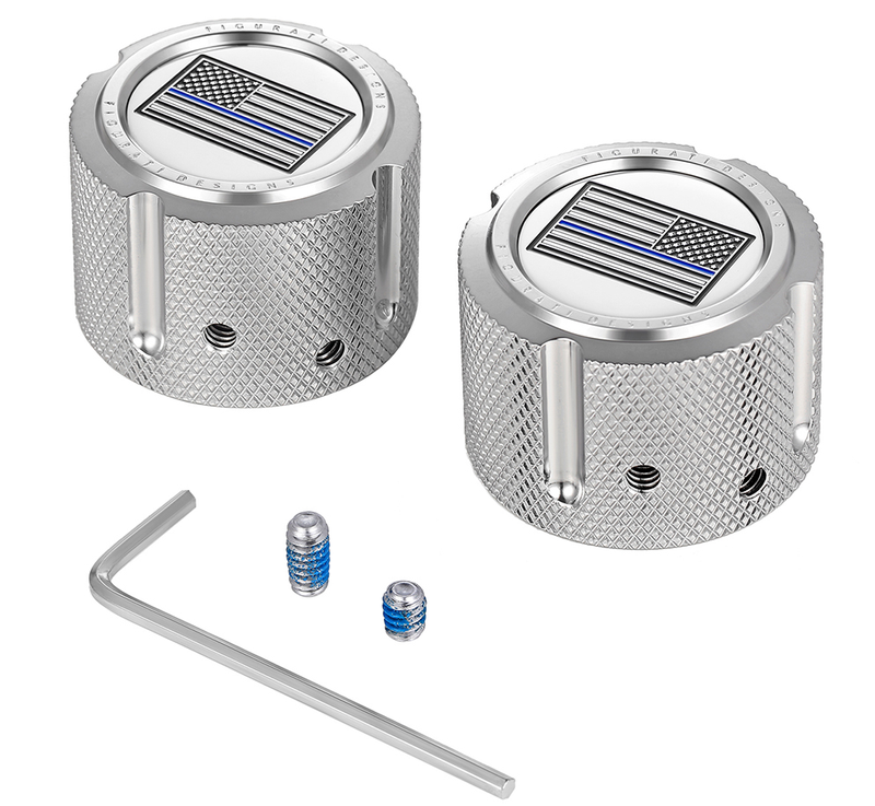 FIGURATI DESIGNS Axle Nut Cover - Front - Stainless Steel - Blue Line Flag - Silver FD70-FAC-SS