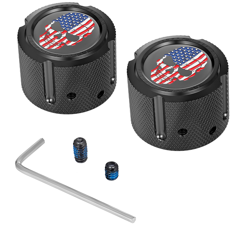 FIGURATI DESIGNS Axle Nut Cover - Front - Stainless Steel - Red/White/Blue Flag Skull - Black FD25-FAC-BK