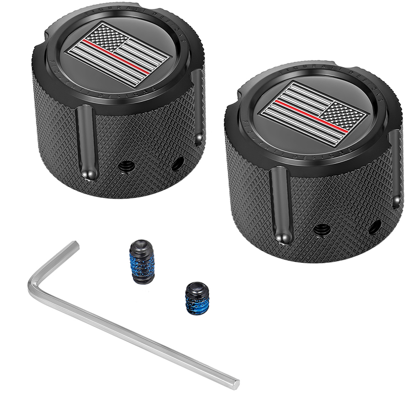 FIGURATI DESIGNS Axle Nut Cover - Front - Stainless Steel - Red Line Flag - Black FD75-FAC-BK