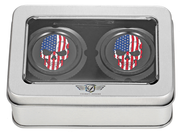 FIGURATI DESIGNS Axle Nut Cover - Front - Stainless Steel - Red/White/Blue Flag Skull - Black FD25-FAC-BK