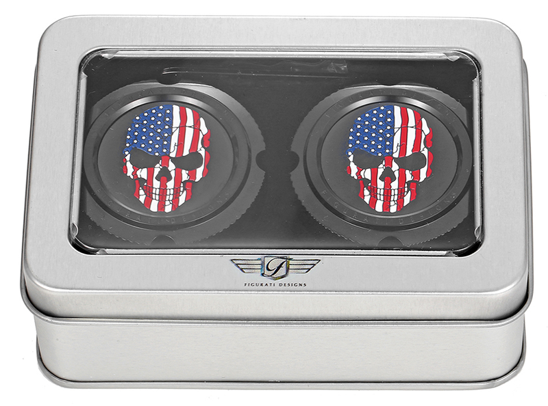 FIGURATI DESIGNS Axle Nut Cover - Front - Stainless Steel - Red/White/Blue Flag Skull - Black FD25-FAC-BK